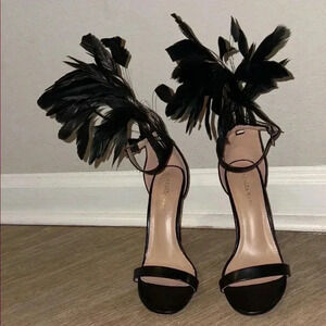 Black Heels with Feather Embellishment and Stiletto Heel